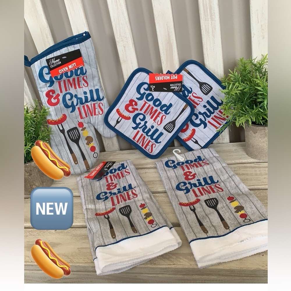 Kitchen Lenin’s ~🏡🆕🏡 Good Times ~ 2-Pot Holders, 1- Oven Mitt & 2-Dish  Towels